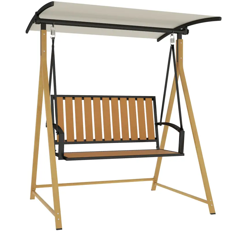 Balancín de Jardín Exterior de 2 Plazas con Toldo Ajustable y Estructura de Metal 142x112x162 cm Madera Natural y Beige Balancín de Jardín Exterior de 2 Plazas con Toldo Ajustable y Estructura de Metal 142x112x162 cm Madera Natural y Beige