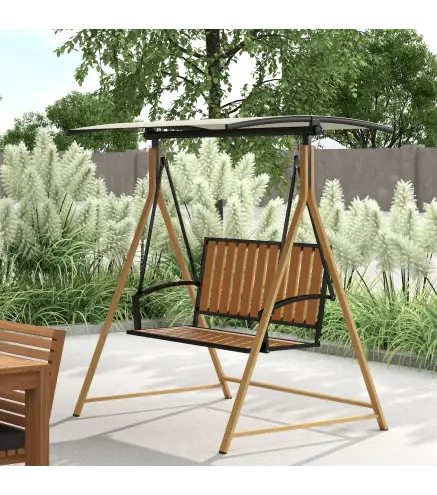 Balancín de Jardín Exterior de 2 Plazas con Toldo Ajustable y Estructura de Metal 142x112x162 cm Madera Natural y Beige