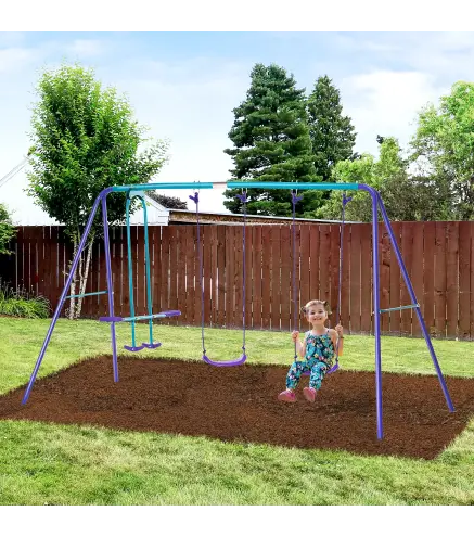 Juego de Columpios de Jardín de Metal con Altura Ajustable 2 Columpios y Balancín 280x140x176 cm Morado y Azul