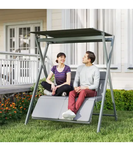 Columpio de Jardín de 2 Plazas Convertible en Cama con Toldo Ajustable UV30+ y Cojines 142x130x168 cm Gris Oscuro