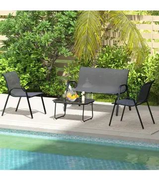 Conjunto de Muebles de Jardín de 4 Piezas con 2 Sillas Apilables y Banco de 2 Plazas con Mesa de Café de Vidrio Negro