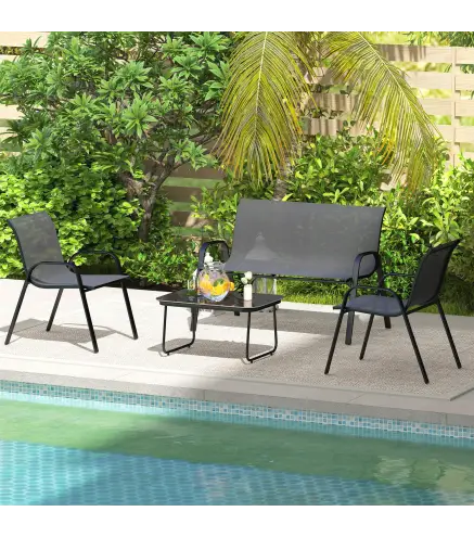 Conjunto de Muebles de Jardín de 4 Piezas con 2 Sillas Apilables y Banco de 2 Plazas con Mesa de Café de Vidrio Negro