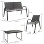 Conjunto de Muebles de Jardín de 4 Piezas con 2 Sillas Apilables y Banco de 2 Plazas con Mesa de Café de Vidrio Negro