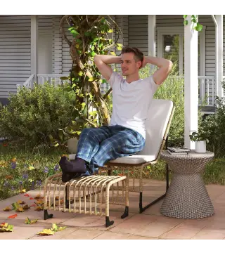 Sillón de Exterior con Reposapiés, Cojín Acolchado y Estructura de Acero con Ratán Sintético Duradero 93x65x80 cm Beige