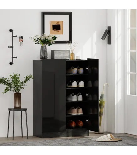 Zapatero Entrada Recibidor con 2 Puertas con Cierre Suave y Estantes Ajustables para 20 Pares de Zapatos Negro Brillo