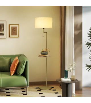 Lámpara de Pie Moderna con Estante Pantalla de Lino Interruptor de Cadena y Puerto USB Ø40x170 cm para Salón Dorado