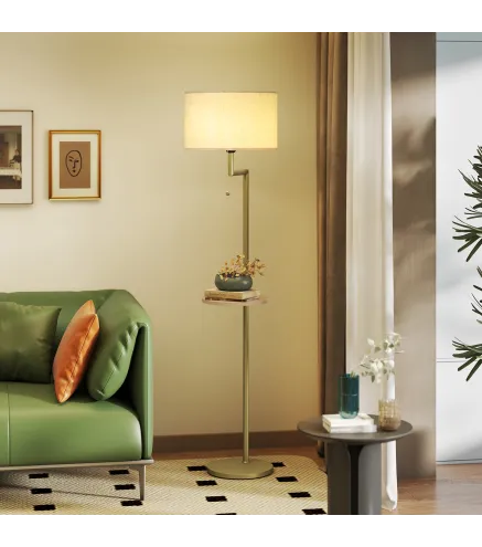 Lámpara de Pie Moderna con Estante Pantalla de Lino Interruptor de Cadena y Puerto USB Ø40x170 cm para Salón Dorado