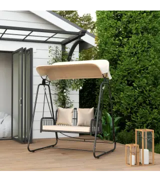 Balancín de Jardín de 2 Plazas con Toldo Retráctil Cojines y Estructura de Acero con Ratán PE 149x121x180 cm Caqui