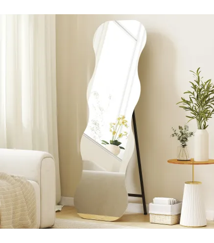 Espejo de Pie Cuerpo Entero sin Marco Espejo de Pie Forma Ondulada con Soporte y Base de Madera 50x2,7x160 cm Negro