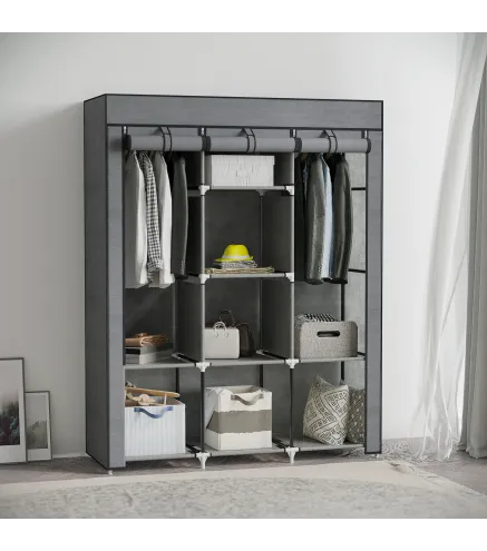Armario de Tela Plegable Ropero Portátil con 8 Estantes y 2 Barras de Colgar para Dormitorio 125x43x162,5 cm Gris