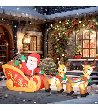 Papá Noel Hinchable con Trineo y Renos Inflables de Navidad con Luces LED para Exterior e Interior 240x75x100 cm