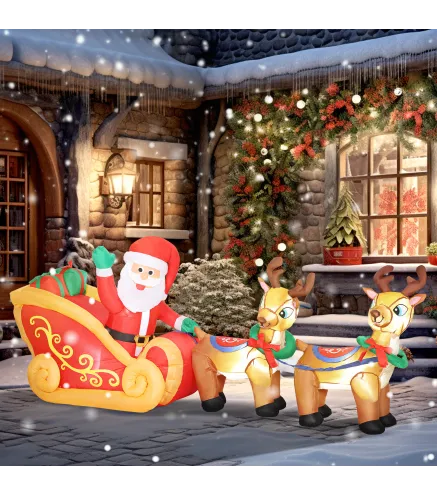 Papá Noel Hinchable con Trineo y Renos Inflables de Navidad con Luces LED para Exterior e Interior 240x75x100 cm