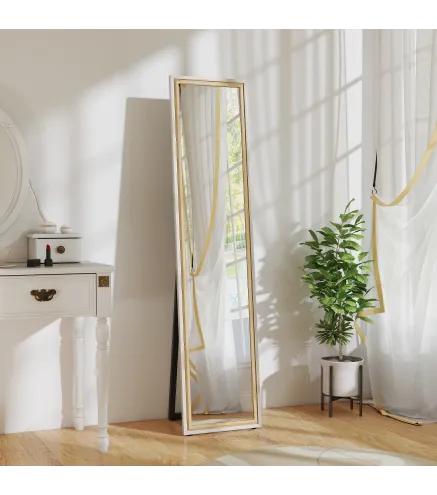 Espejo de Cuerpo Entero 157x37 cm con Marco Bicolor Espejo de Pie Inclinado o Colgante Blanco y Natural