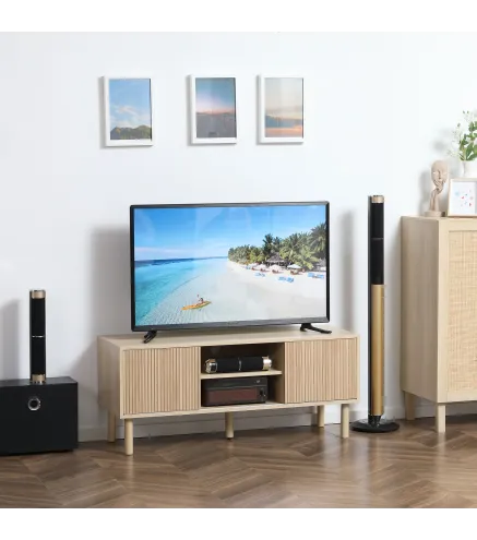 Mesa de TV con Puertas Correderas Estantes Abiertos Orificios para Cables para Televisión hasta 50 Pulgadas Natural