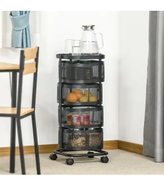 Carrito Auxiliar con Ruedas de 5 Niveles con 4 Cestas de Almacenamiento Giratorias 270° y Bandeja 33x33x77 cm Negro