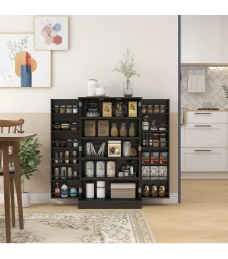 Armario Despensa Cocina con 2 Puertas y 16 Estantes Alacena Moderna con Estantes Ajustables 60x30x104cm Negro