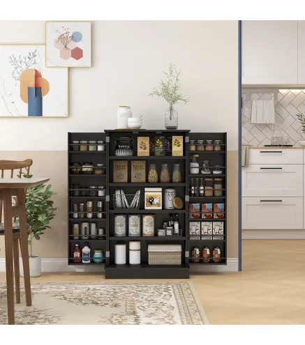 Armario Despensa Cocina con 2 Puertas y 16 Estantes Alacena Moderna con Estantes Ajustables 60x30x104cm Negro