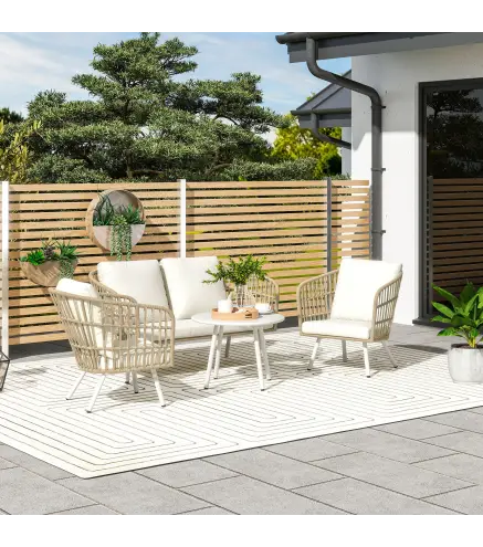 Conjunto de Jardín de 4 Piezas con Sofá Sillones y Mesa de Ratán Sintético Cojines Cómodos y Resistente a Rayos UV