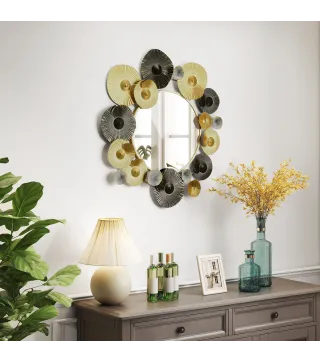 Adorno de Pared Metálico con Espejo Decorativo para Salón Dormitorio Pasillo 84x84 cm Dorado y Negro