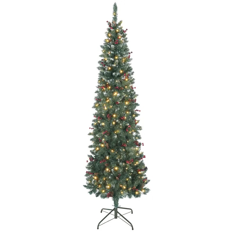 Árbol de Navidad Estrecho 210 cm con Luces LED 8 Modos de Iluminación Ramas con Purpurina Plateada Piñas Bayas Verde Árbol de Navidad Estrecho 210 cm con Luces LED 8 Modos de Iluminación Ramas con Purpurina Plateada Piñas Bayas Verde