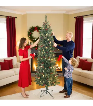 Árbol de Navidad Estrecho 210 cm con Luces LED 8 Modos de Iluminación Ramas con Purpurina Plateada Piñas Bayas Verde