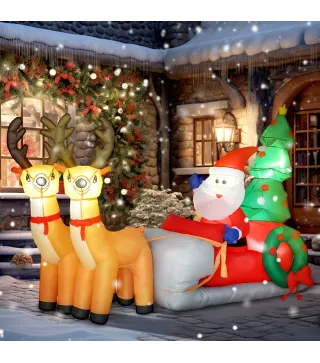 Papá Noel Hinchable con Trineo y Renos Inflables de Navidad con Luces LED para Exterior e Interior 216x90x150 cm