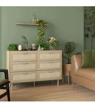Cómoda para Dormitorio con 6 Cajones con Frontal de Ratán Patas de Madera Cajonera Estilo Bohemio 110x40x75 cm Roble