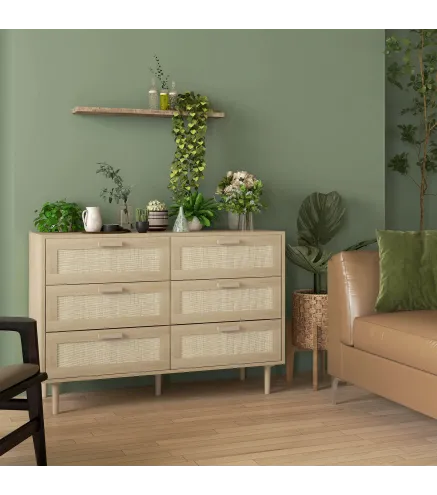 Cómoda para Dormitorio con 6 Cajones con Frontal de Ratán Patas de Madera Cajonera Estilo Bohemio 110x40x75 cm Roble