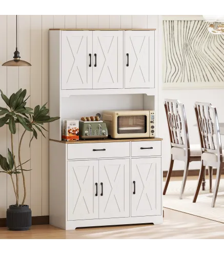 Alacena de Cocina con 6 Puertas Encimera para Microondas 2 Cajones Estantes Ajustables Orificio para Cable Blanco