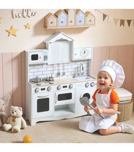 Cocina de Juguete de Madera con Sonido y Cortinas Accesorios de Acero Inoxidable para Niños a Partir de 3 Años Blanco