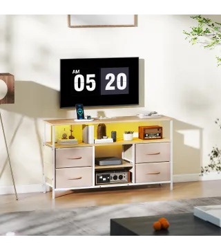 Mueble de TV con Luz LED y Enchufes Puertos USB Estantes Abiertos 4 Cajones plegables 120x30x67,5 cm Beige y Blanco