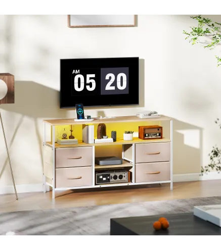 Mueble de TV con Luz LED y Enchufes Puertos USB Estantes Abiertos 4 Cajones plegables 120x30x67,5 cm Beige y Blanco