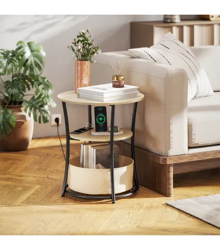 Mesa Auxiliar Redonda de 3 Niveles con Estación de Carga 3 Estantes y Bolsa para Salón Dormitorio Ø50x55,1 cm Natural