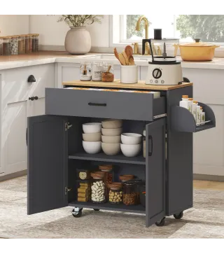 Isla de Cocina con Ruedas con Cajón Armario con Puertas Toallero y Especiero 105x36x85 cm Gris