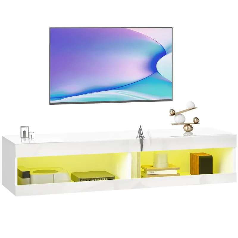 Mueble de TV Suspendido con Luces LED con Control Remoto Compartimentos Orificios Pasacables 140x40x30 cm Blanco Brillo Mueble de TV Suspendido con Luces LED con Control Remoto Compartimentos Orificios Pasacables 140x40x30 cm Blanco Brillo