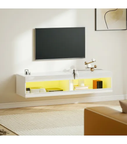 Mueble de TV Suspendido con Luces LED con Control Remoto Compartimentos Orificios Pasacables 140x40x30 cm Blanco Brillo