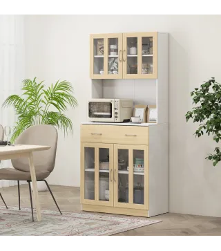 Alacena de Cocina con 4 Puertas de Vidrio Encimera Abierta Cajón Estantes Ajustables 80x40x180 cm Blanco y Natural