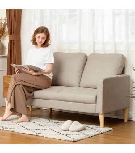 Sofá de 2 Plazas Tapizado en Microfibra con Patas de Madera Reposabrazos 130x78x85 cm Crema