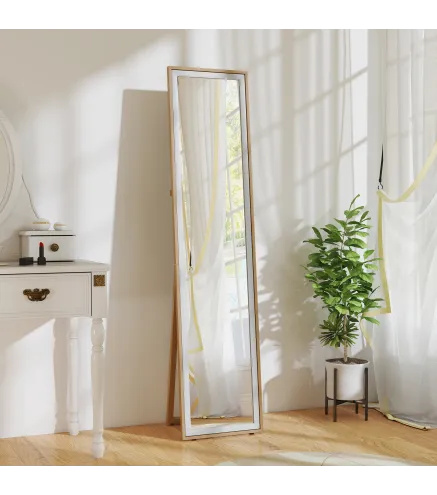 Espejo de Pie Cuerpo Entero con Marco de MDF Espejo de Pared Rectangular con 2 Formas de Uso 37x4x157 cm Plateado y Natural