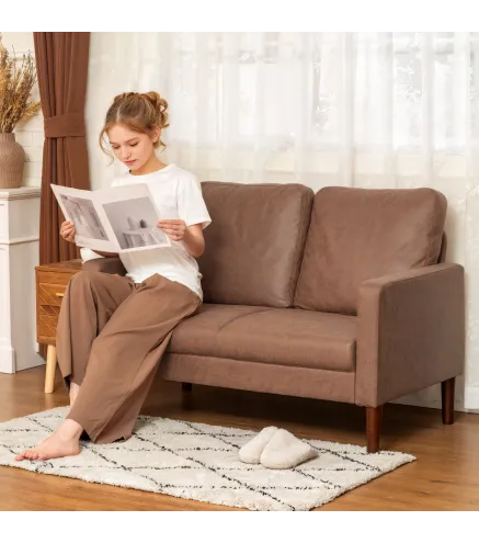 Sofá de 2 Plazas Tapizado en Microfibra con Patas de Madera Reposabrazos 130x78x85 cm Marrón