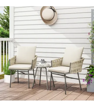 Conjunto de Muebles de Jardín de Ratán Sintético con 2 Sillas con Cojines Extraíbles y Mesa con Tablero de Metal Gris