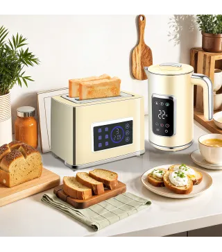 Set Desayuno con Pantalla LED Táctil Hervidor de Agua 1,7L 2200W Tostadora Pan Ranura Ancha 2 Rebanadas Crema