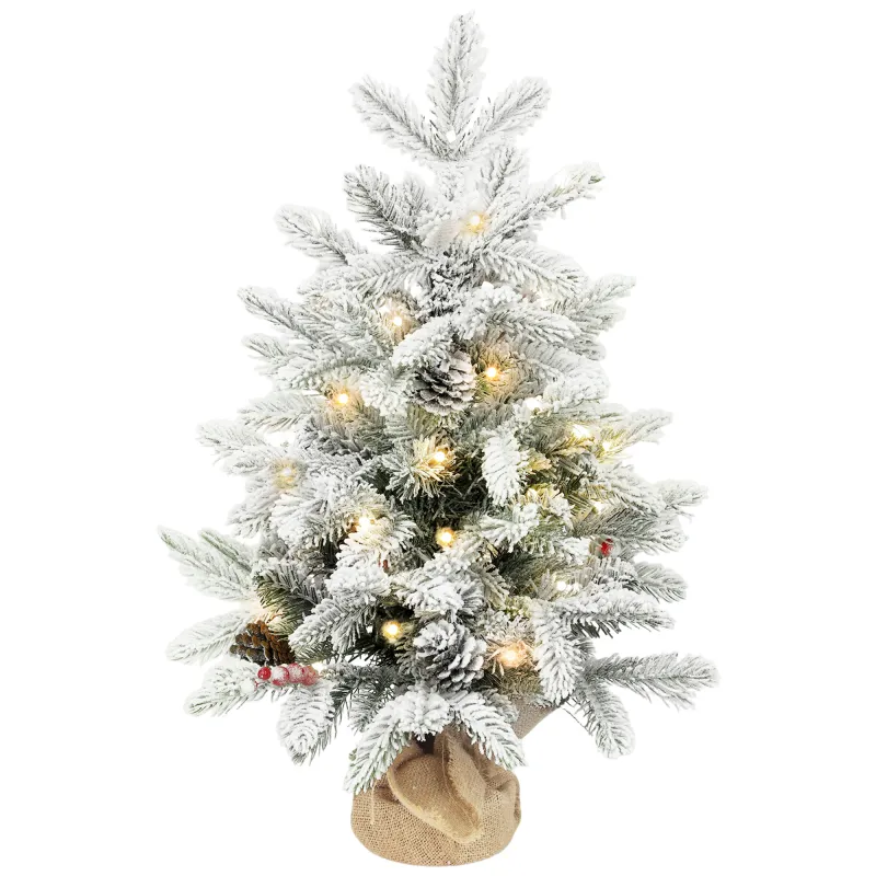 Mini Árbol de Navidad Artificial 60 cm con 35 Luces LED 182 Ramas Densas con Nieve Adornos y Base de Arpillera Verde