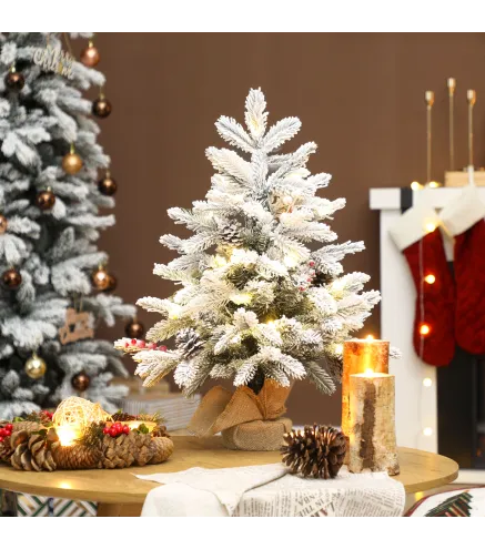 Mini Árbol de Navidad Artificial 60 cm con 35 Luces LED 182 Ramas Densas con Nieve Adornos y Base de Arpillera Verde