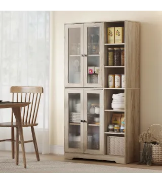 Alacena de Cocina con Vitrinas con 4 Puertas Cierre Suave y Estantes Ajustables, 90x35x172 cm Gris Claro