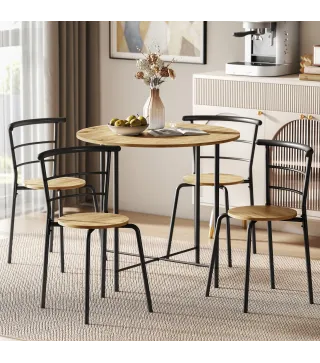 Juego de Mesa y 4 Sillas de Comedor Redonda Estilo Industrial Marco Metálico para Espacios Pequeños Salón Natural