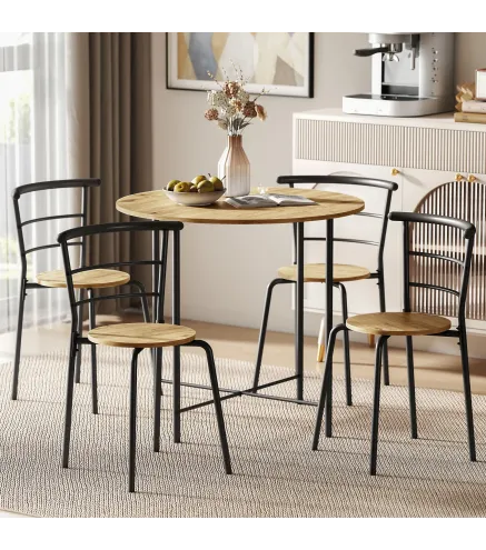 Juego de Mesa y 4 Sillas de Comedor Redonda Estilo Industrial Marco Metálico para Espacios Pequeños Salón Natural