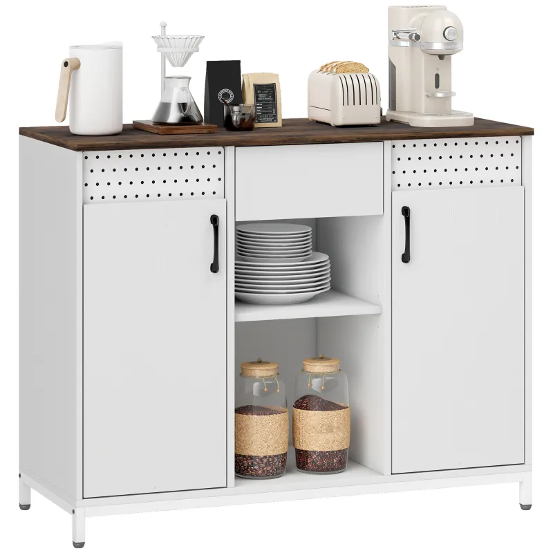 Aparador para Salón con 2 Puertas con Orificios Cajón Compartimentos Abiertos Estantes Ajustables 100x40x80 cm Blanco