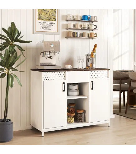 Aparador para Salón con 2 Puertas con Orificios Cajón Compartimentos Abiertos Estantes Ajustables 100x40x80 cm Blanco