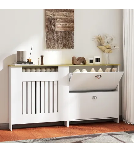 Cubre Radiadores con Zapatero Cubierta para Radiador con 2 Cajones Abatibles 152x19x81 cm Blanco